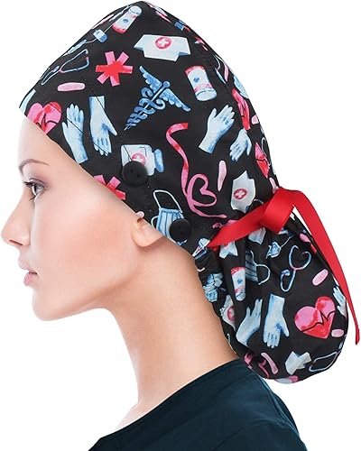 Miniatura 17 de ABAMERICA Gorras quirúrgicas para mujer, gorro de enfermera, soporte funcional para cola de caballo para cabello largo, individual o forrado