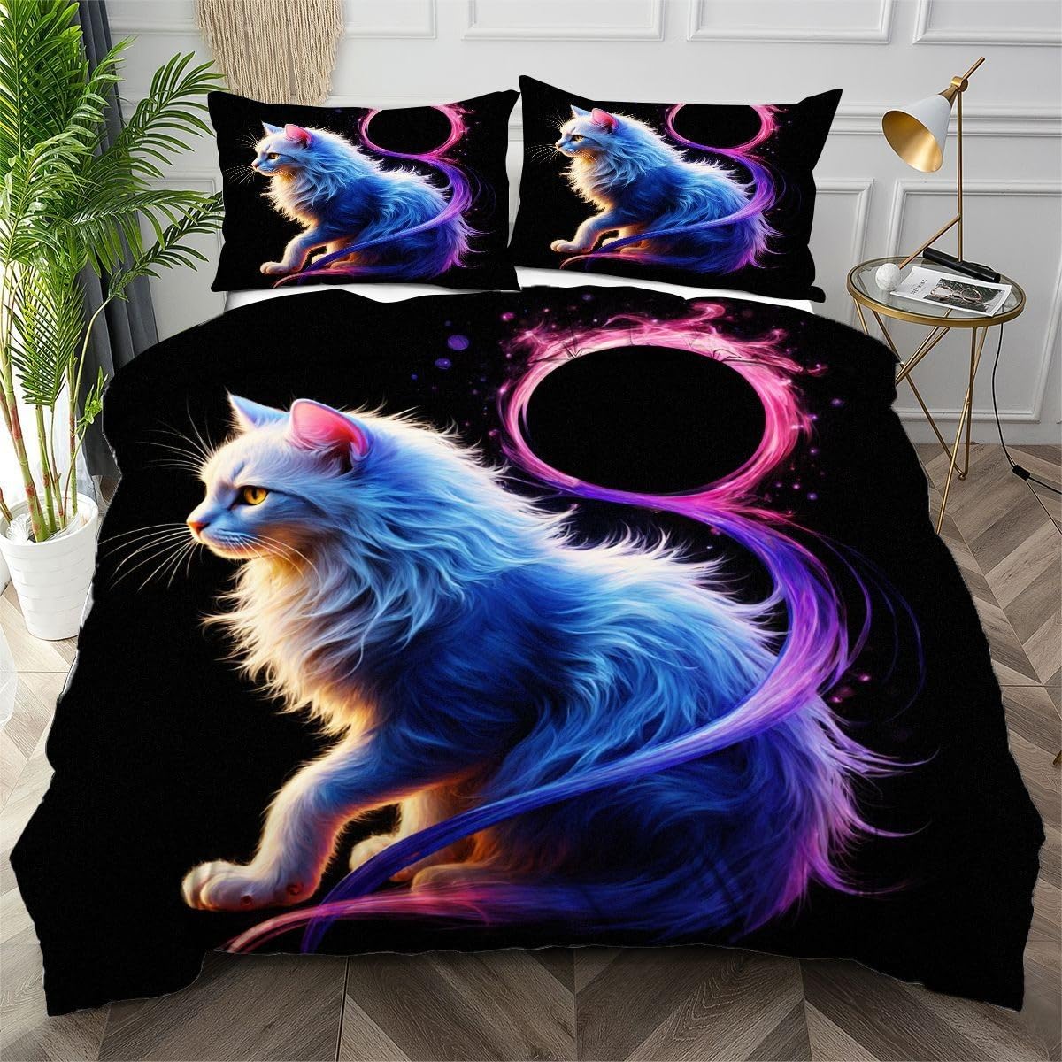 Housse de couette chat blanc 220x240 avec fermeture éclair intégrée anti-glissement