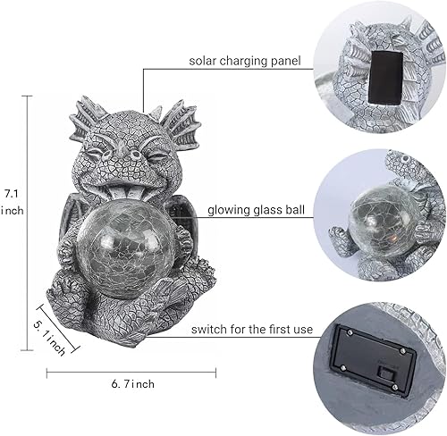 Miniatura 2 de Estatua de Dragón de Jardín con Energía Solar Figura Luminosa para Exteriores Decoración Linda que Sostiene Bola de Cristal Brillante Escultura de