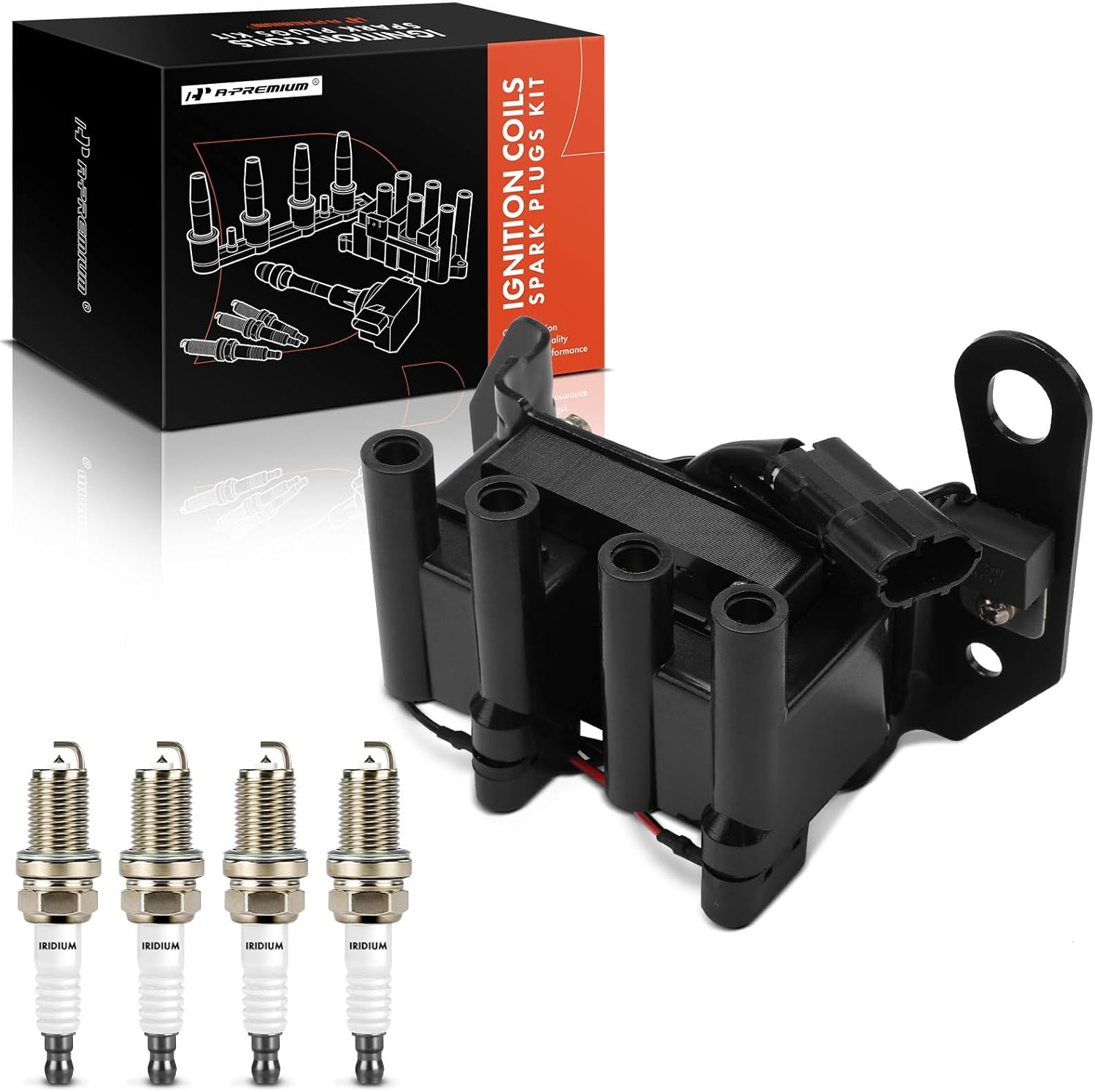 A-Premium 1x Ignition Coil Pack and 4x Iridium Spark Plugs Compatible with Hyundai Accent 1995 1996 1997 1998 1999, 1.5L