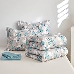 Flysheep Gray Botanical Bed in a Bag Queen Size 7 Pieces, Aqua Grey Leaves Elegant Floral Comforter Bedding Set All Season(1 Comforter, 1 Flat Sheet, 1 Fitted Sheet, 2 Pillow Shams and 2 Pillowcases)