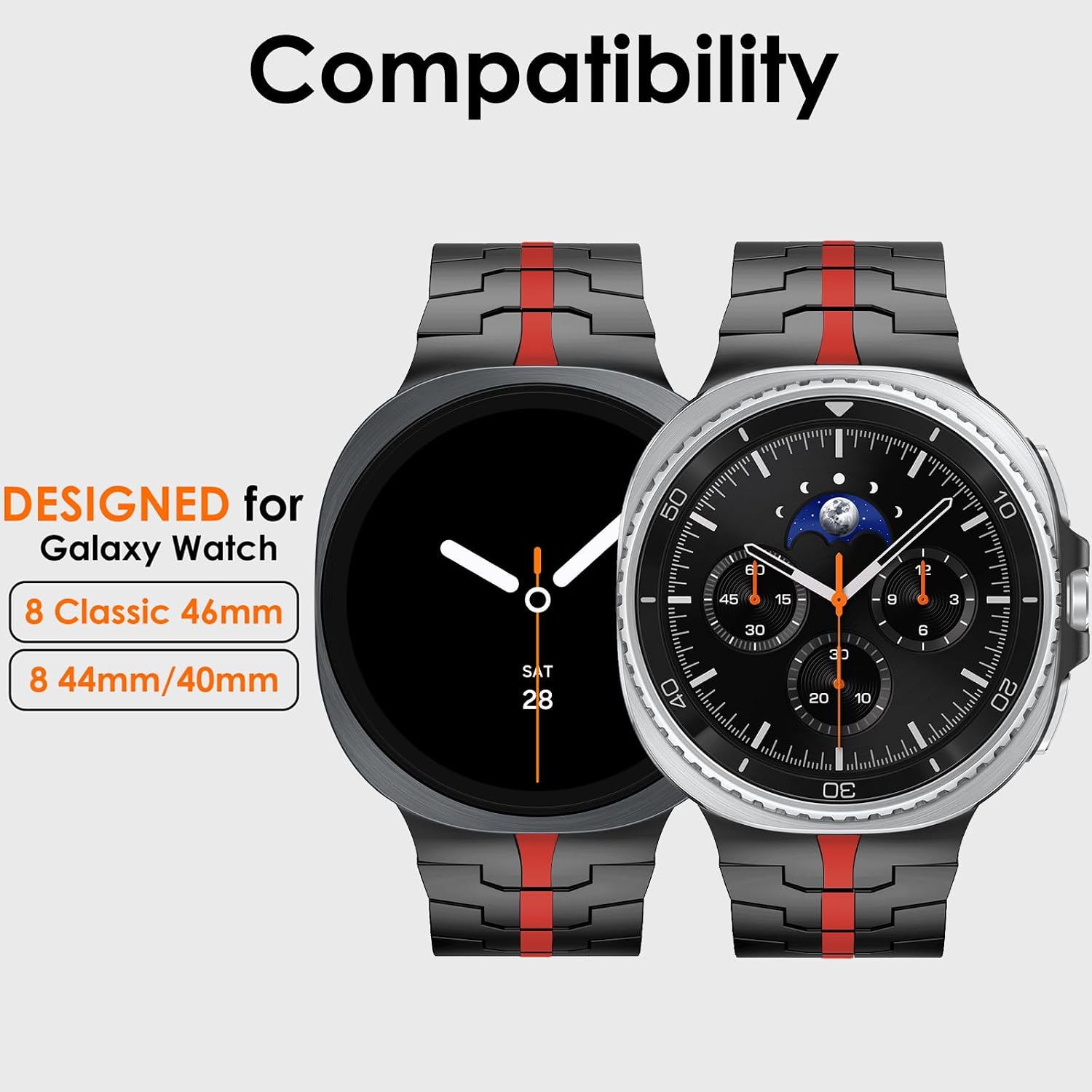WINGLE Metal Bands for Galaxy Watch 8/8 Classic Band Samsung Galaxy Watch 8 Band 44mm 40mm 46mm Men Rugged Durable Armor Stainless Steel Strap Classy Elegant Casual Business Link Bracelet, Black/Red