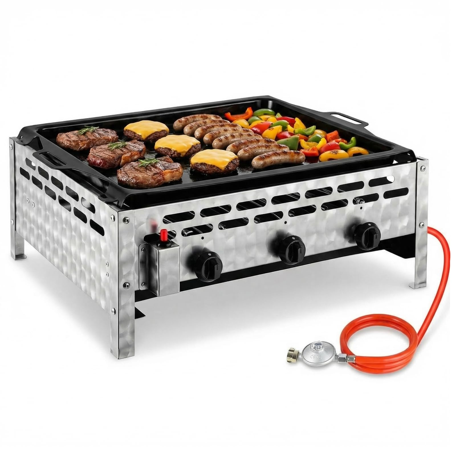 TLSUNNY Edelstahl Gasbräter 3-flammig 12 kW, Gasgrill Kommerzieller, Profi Gastrobräter & Tischbräter mit Emaille-Grillplatte, Gleichmäßig Tischgrill für Gastronomie, Outdoor, Garten, 69x52x27 cm