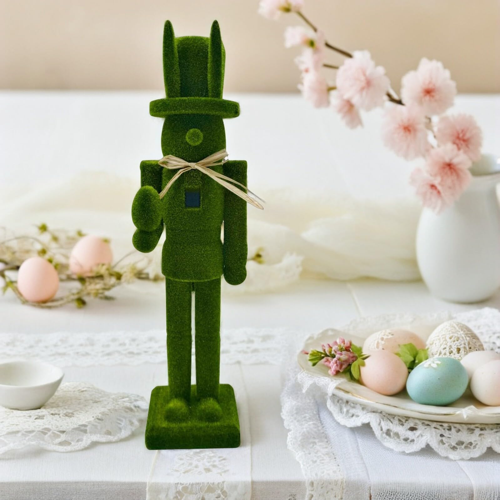 DOITOOL Osterhase Nussknacker Figur 38,5cm Holz mit Beflockung Traditionelle Nussknacker Tischdeko für Drinnen und Draußen