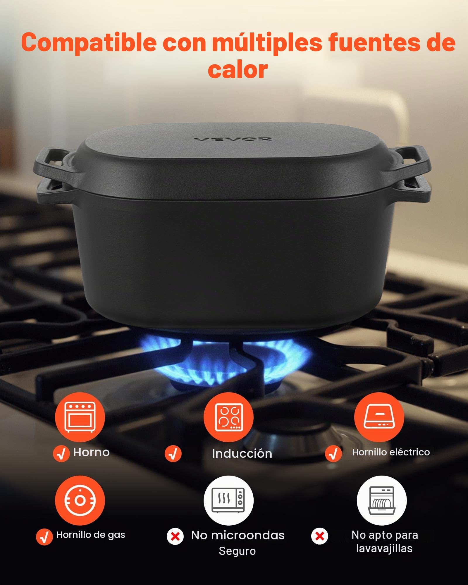 VEVOR Horno Holandés de Hierro Fundido Esmaltado de 3,31 L, para Hornear Pan de Masa Madre, Olla Robusta con Tapa y Asas, hasta 260 °C, para Guisos, Cocinar y Freír, Negro, 330 x 170 x 150 mm