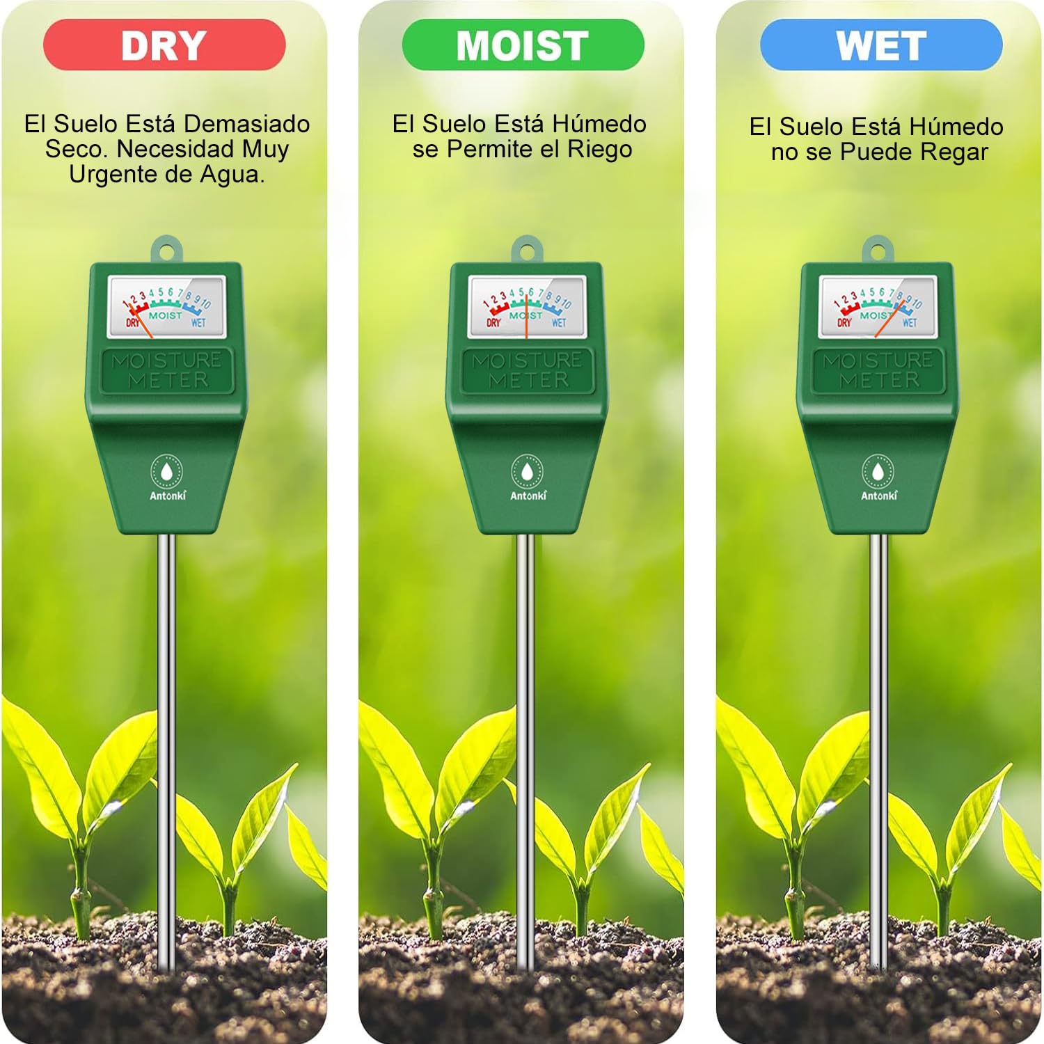 Antonki 2 Piezas Medidor Humedad Plantas, Higrometro Plantas de Suelo, Monitor de Riego de Flores para Plantas de Interior y Exterior, No se Necesitan Baterías