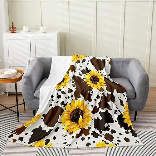 Manta de vaca de girasol para niños, niñas y jóvenes, manta rústica de piel de vaca marrón con flores amarillas ultra suave, 40 x 50 pulgadas, manta