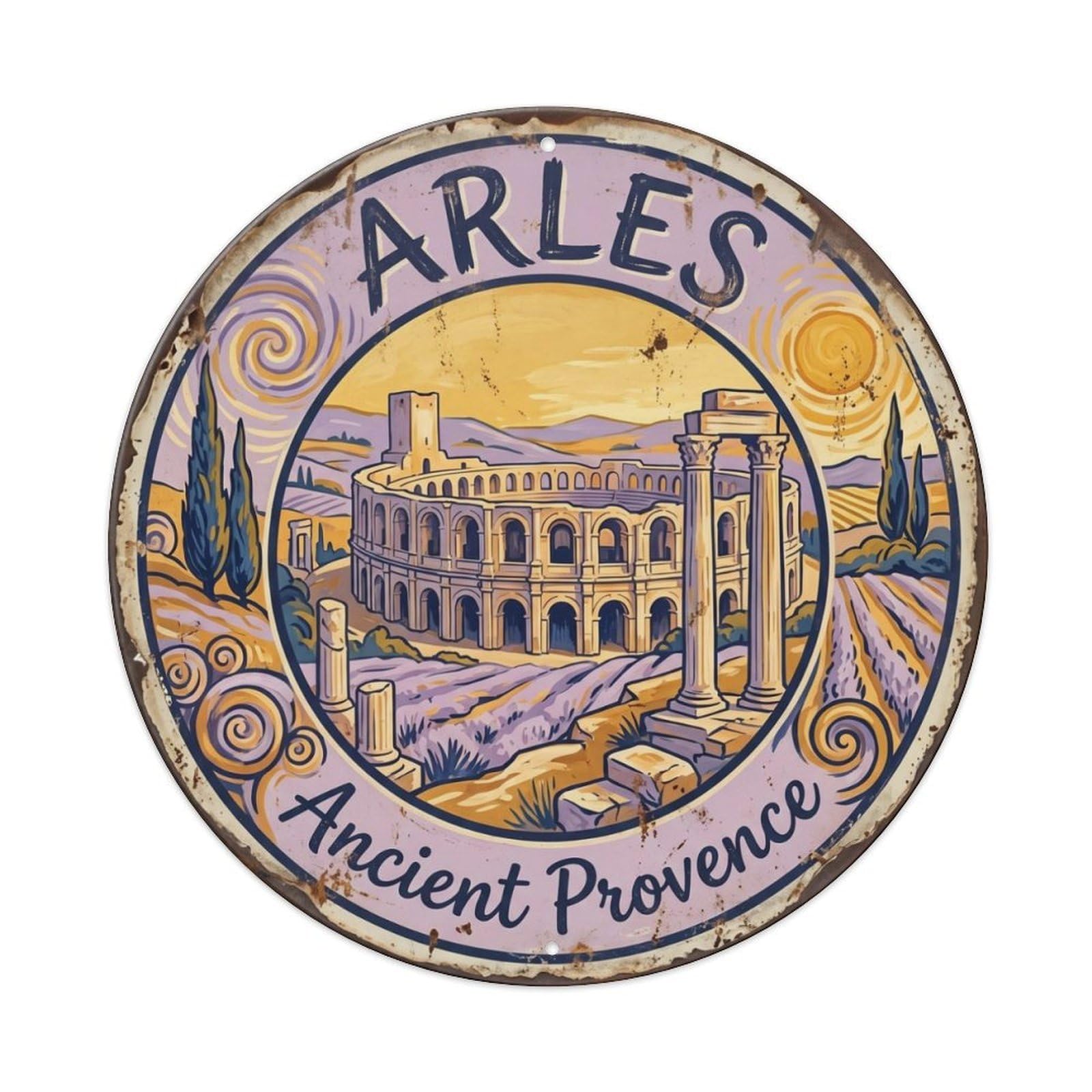 Fqcyn Style Vintage Travel Arles France Roman Metal Tin Sign Plaque Wall Decor For Cafe, Club Bar, Office, Home Garden Round Metal Poster 8X8inch