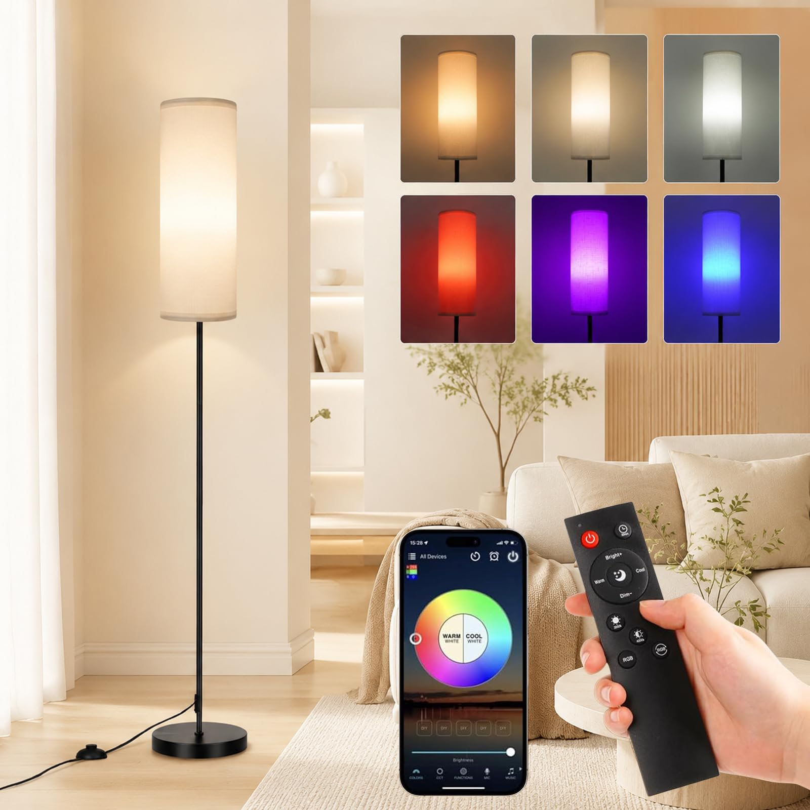 Stehlampe Wohnzimmer, Stehlampe Dimmbar, LED Leselampe mit APP-Steuerung& Fernbedienung& Fußschalter, Minimalismus Stehlampen mit Leinen Lampenschirm 3 Farbtemperaturen Für Schlafzimmer, Wohnzimmer