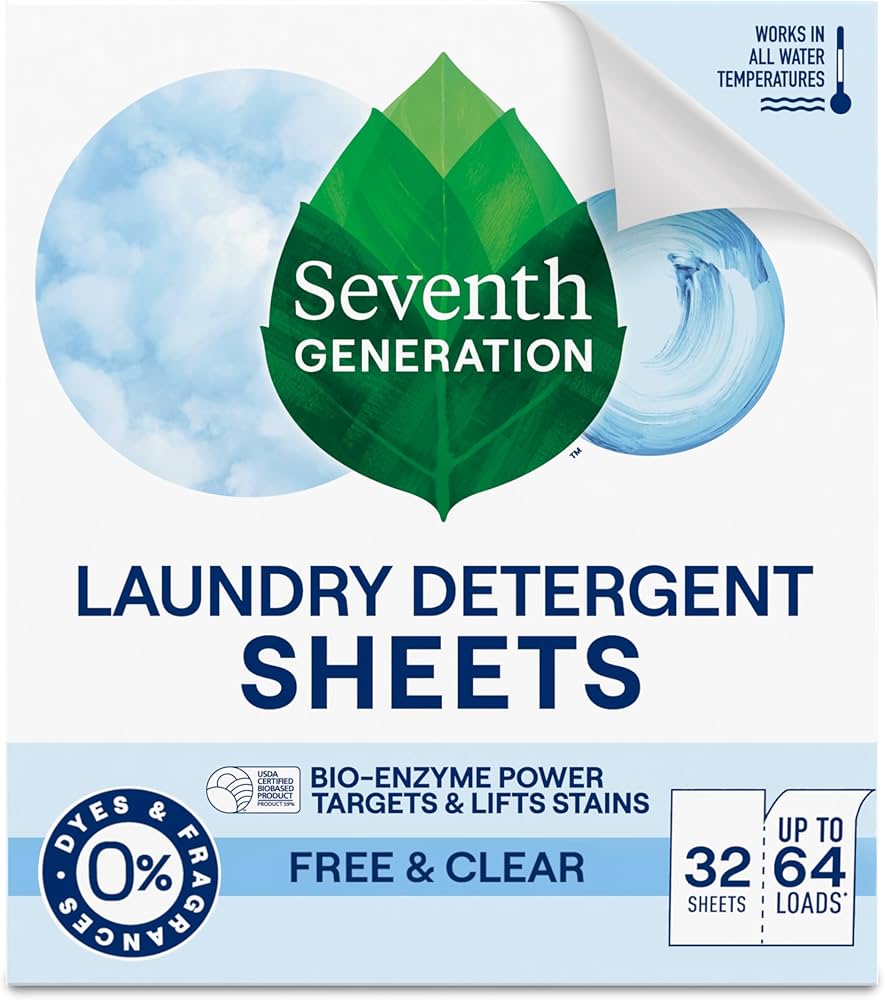 Seventh Generation Laundry Detergent Sheets, Up to 64 Loads, Free & Clear, Made for Sensitive Skin, Safer for your Family