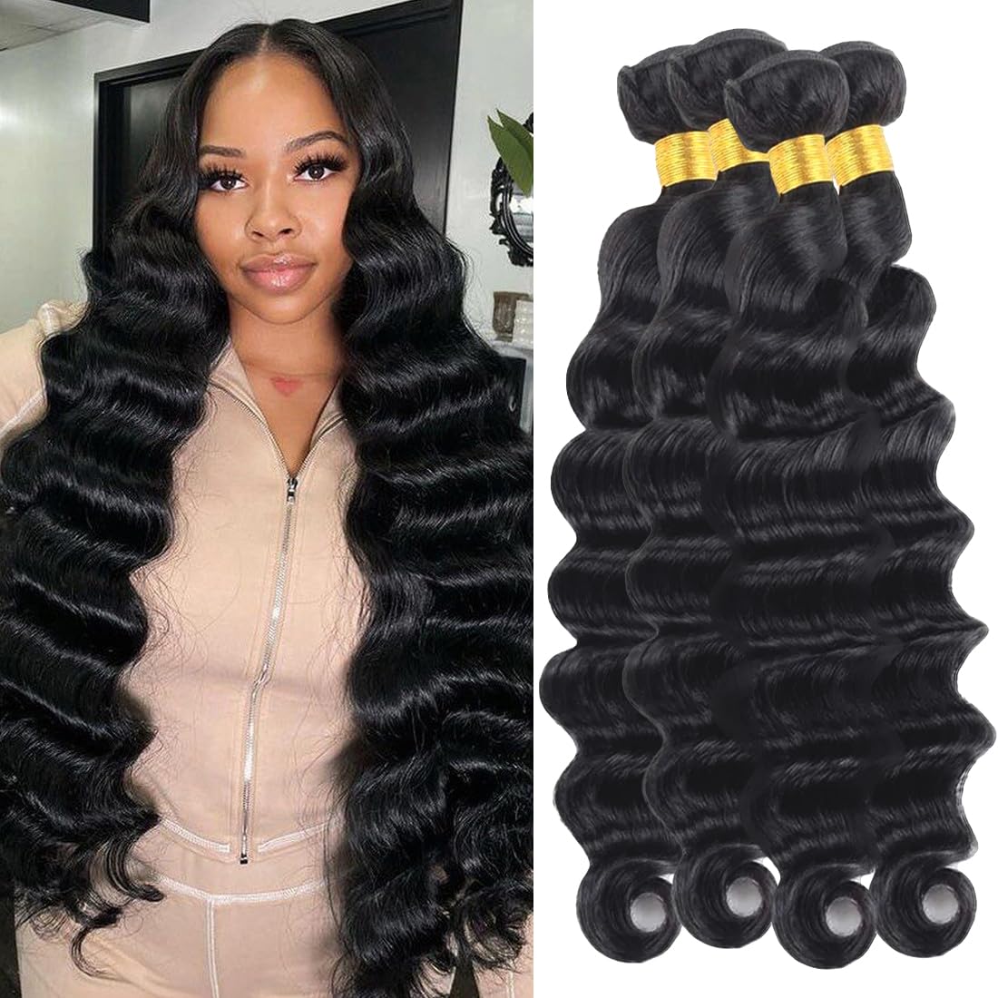 Taziza Human Hair Bundles Loose Deep Wave(18 20 22 24 Inch)100% Unprocessed Human Hair 4 Bundles Brazilian Loose Deep Wave Bundles Human Hair Weaves