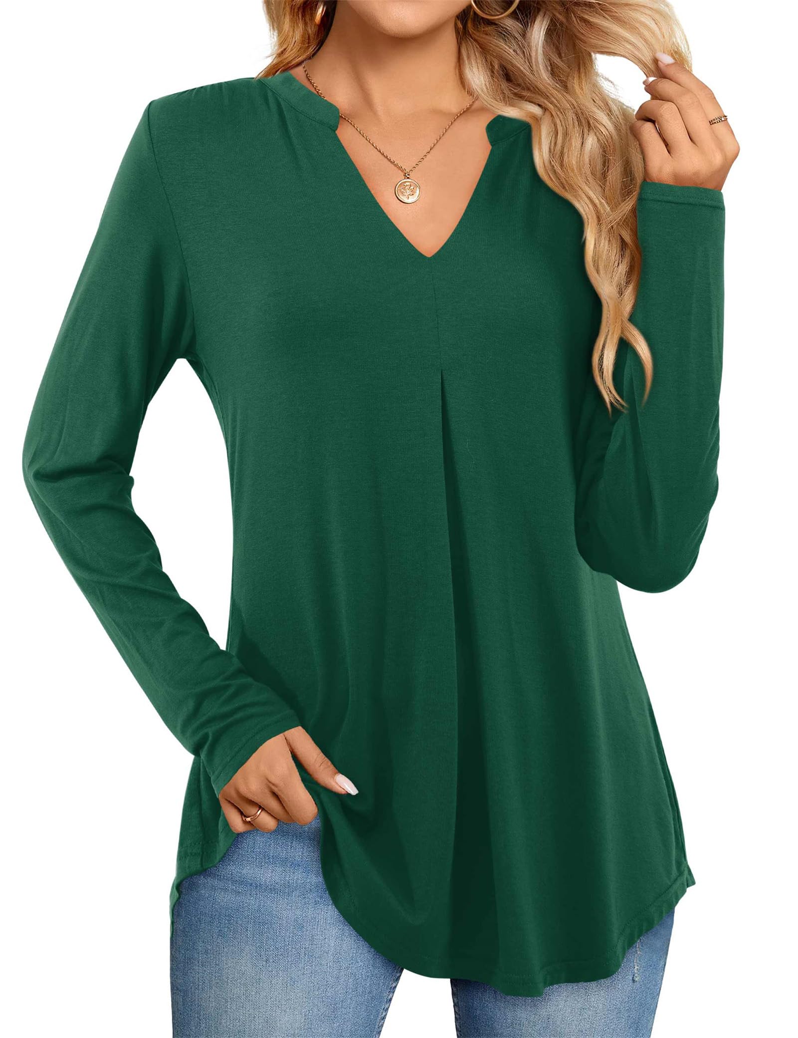 BeluringWomens T-Shirt Casual Long Sleeve Tops V Neck Shirts Pleated Swing Blouse