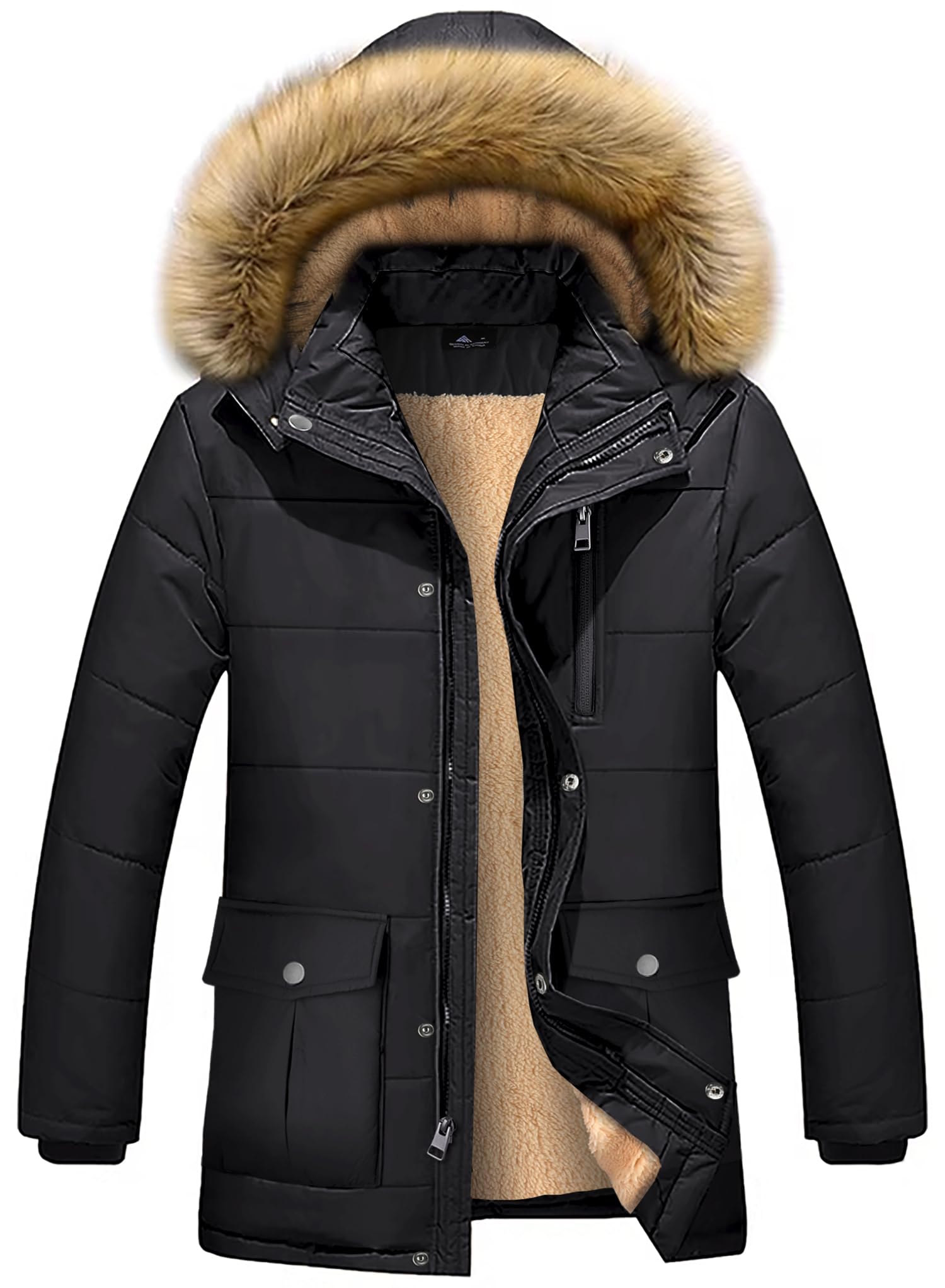 ZITY Men's Winter Jacket Thicken Sherpa Lined Fleece Parka Long Outerwear Fur Coats Water-Resistant Windproof Hooded Jackets