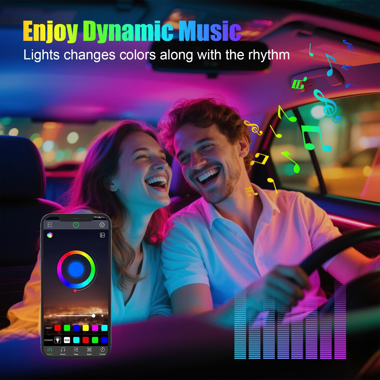 110CM LED Coche, Lluminación Led para Interior de Coche con USB, Car Ambient Lights 210 modos intermitentes, 16 Millones de Colores de DIY con Modo de Escena y Música