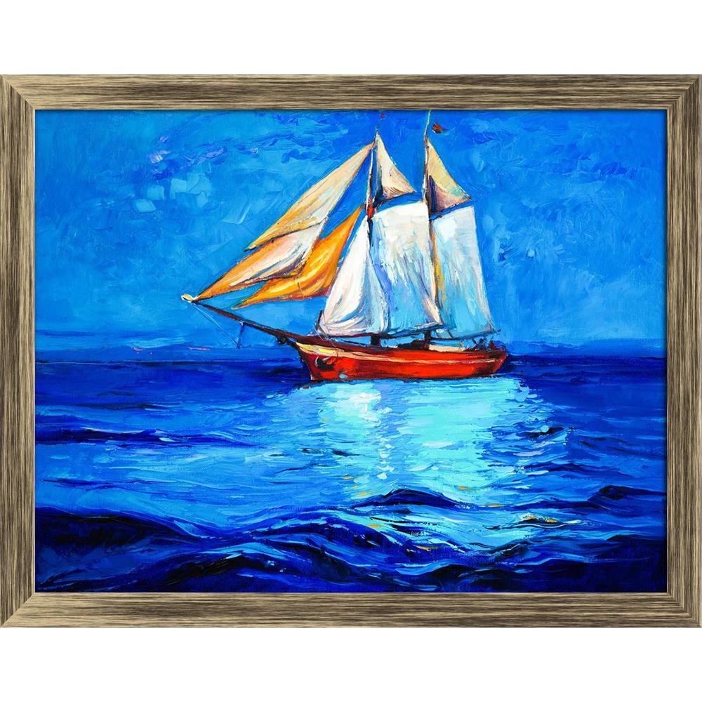 Pitaara Box Artwork Of Sail Ship & Sea | Canvas Painting for Bedroom & Living Room | Antique Golden Frame | 25.9 x 20 inch (66 x 51 cms)