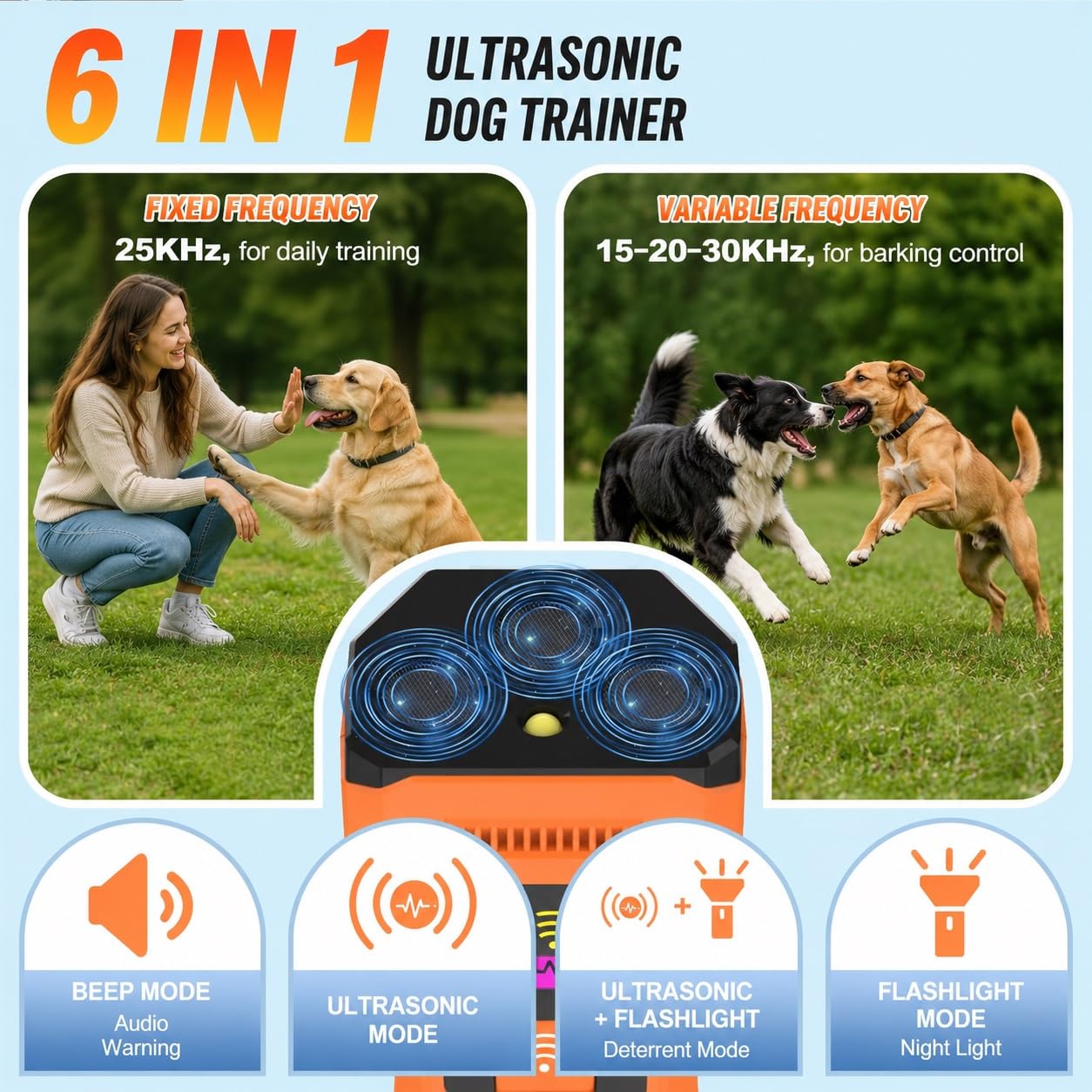 6-in-1 Ultraschall-Hundetrainer, wiederaufladbar, Hand-Bell-Kontrollgerät