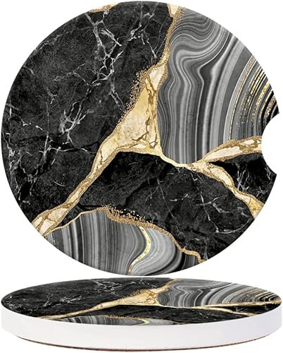 Portavasos para automóvil, posavasos de cerámica con estampado abstracto de mármol negro, antideslizante, con agarre para la punta del dedo,