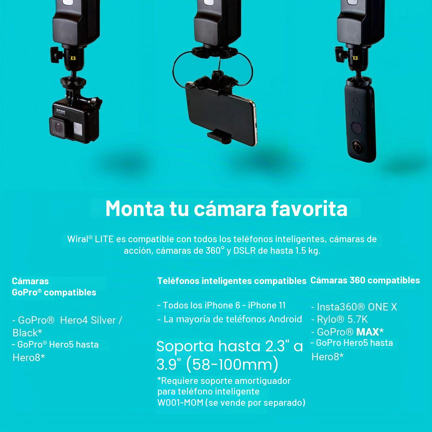 Wiral LITE - Cable y mando a distancia para cámaras de acción, smartphones, cámara 360 o DSLR hasta 3.3 lbs - Incluye estuche de viaje
