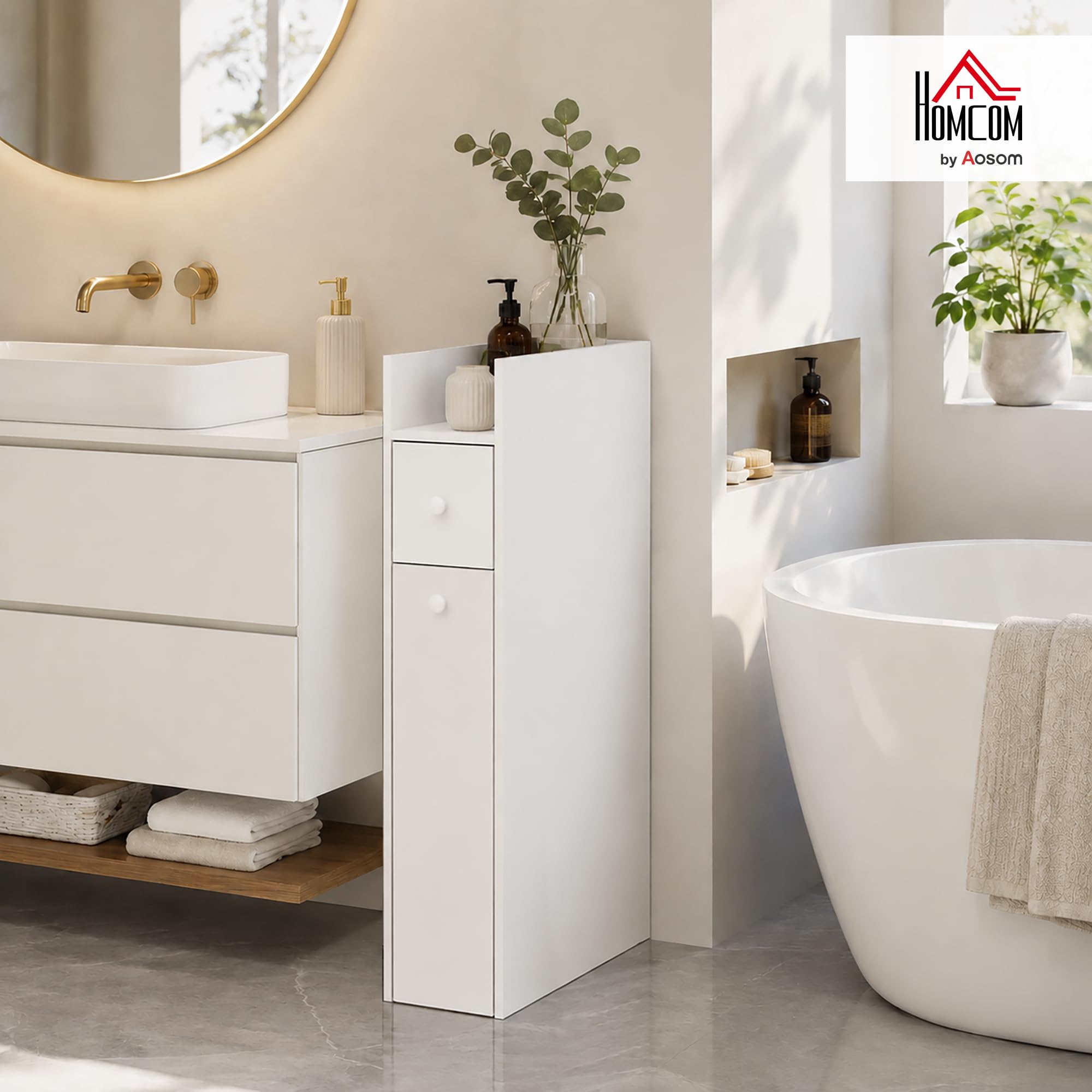 HOMCOM Mobiletto Bagno Salvaspazio con Ripiano Aperto e Cassetti, Bianco