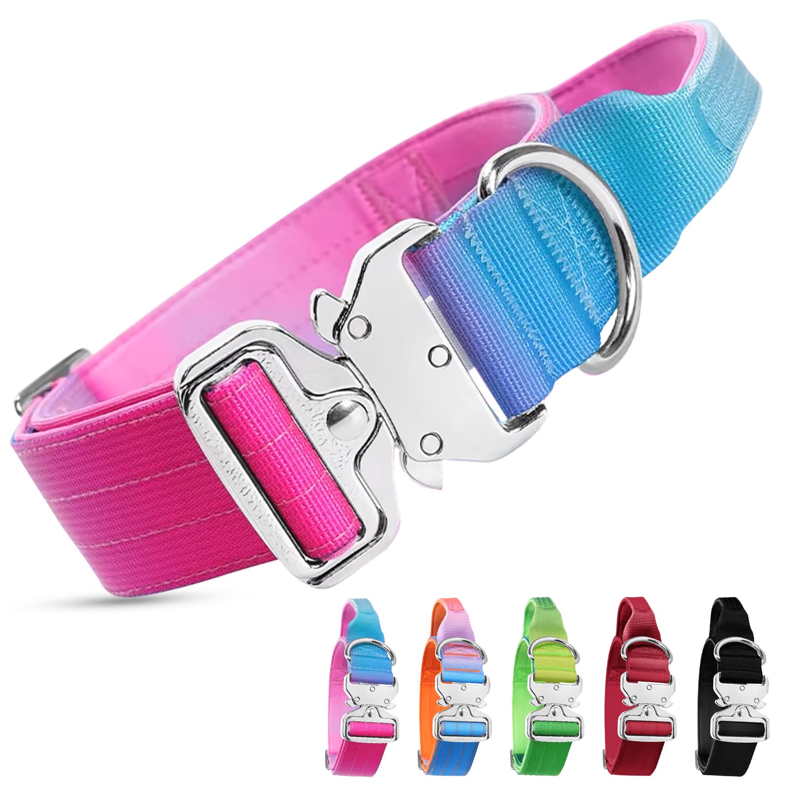 Tactical Dog Collar with Handle, Heavy Duty Adjustable Soft Padded Nylon Pet Collar, Comfortable Wide Thick Military Dog Collar with Quick Release Buckle for Medium Large Dogs (Pink Gradient, M)