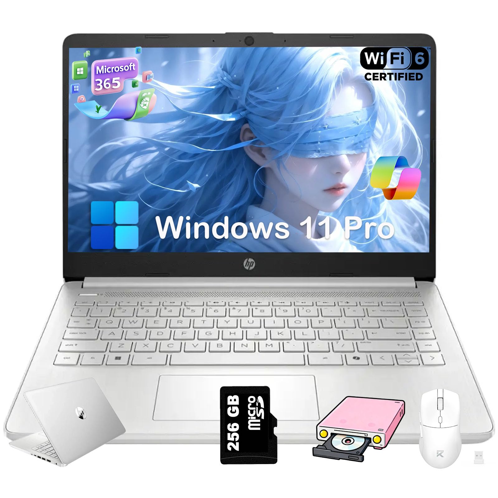 2025 14 inch Everyday Laptop Computer for Student & Business - AI-Powered 1-Y Office 365 • Intel Quad-Core CPU • Ultra-Light • 16G RAM • 384G Storage (128G UFS+256G SD Card) • Win 11 Pro • Silver