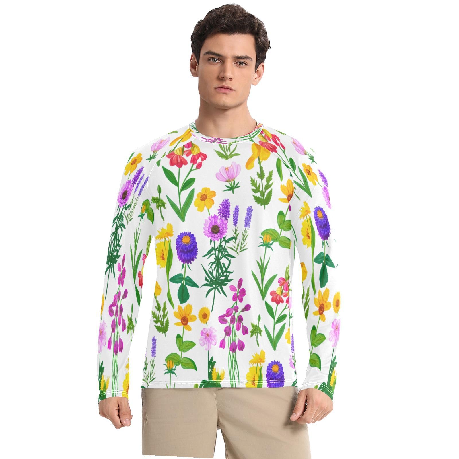 Meadow Floral Men's Sun Protection Shirts UPF 50+ Long Sleeve UV Rash Guard Quick Dry Swim Shirts-image-2