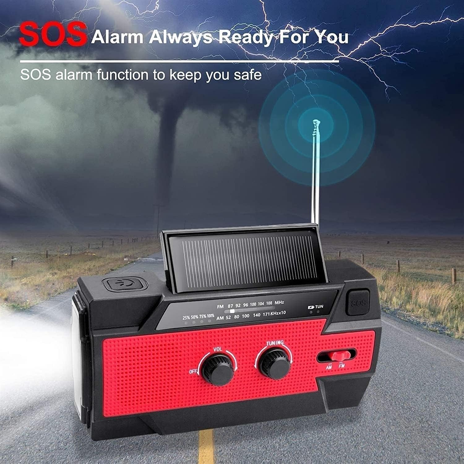 Radio pogodowe, radio awaryjne z korbką ręczną zasilane energią słoneczną o pojemności 4000 mAh, przenośne radio AM/FM z latarką, powerbank