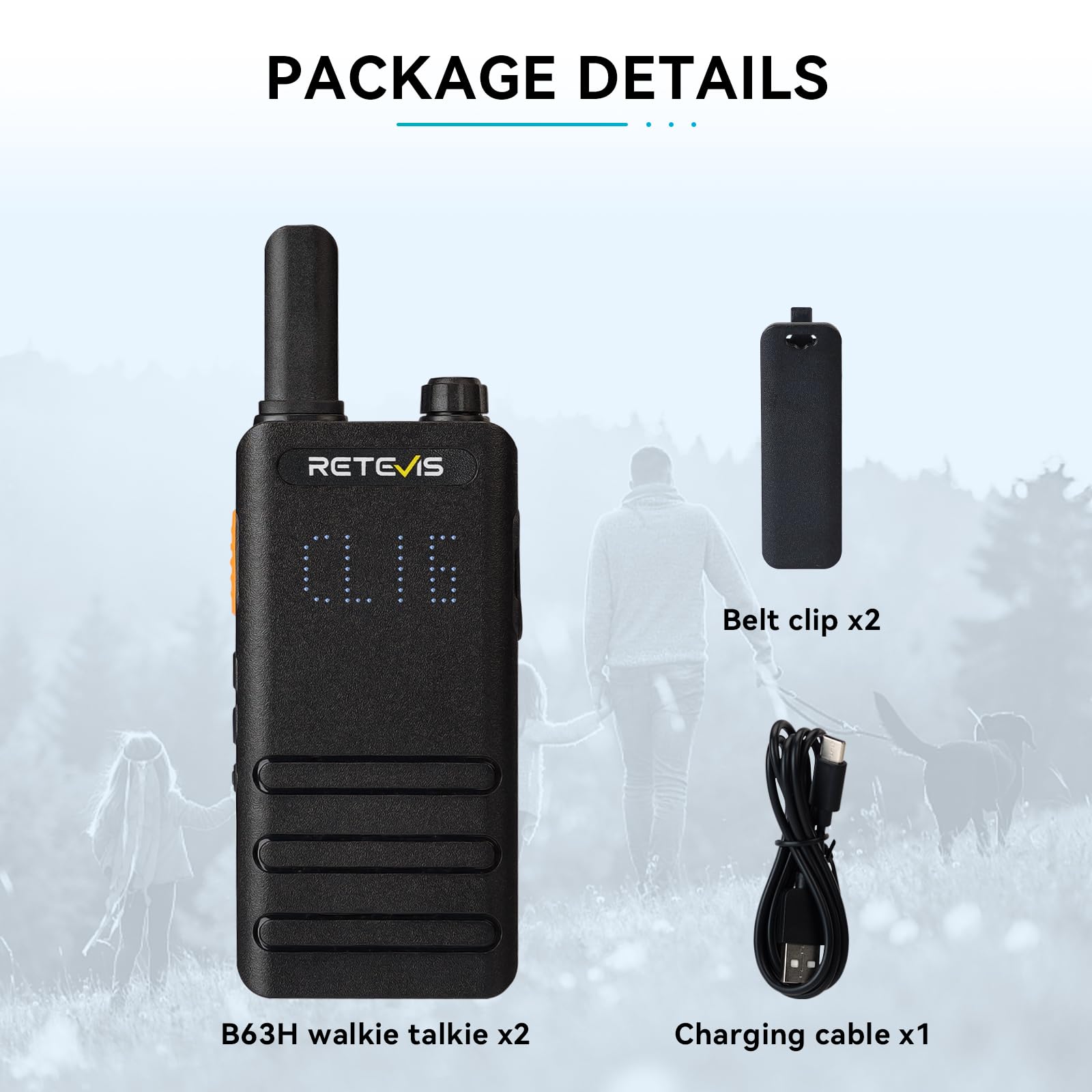 Retevis B63H Walkie Talkie, Radio Bidirezionale con Schermo, RT622P 2.0, 103 g Leggero, 1620mAh, VOX, PMR446 Walkie Talkie Professionali per Ristorante, Scuola, Famiglia, Campeggio (2 Pezzi, Nero)