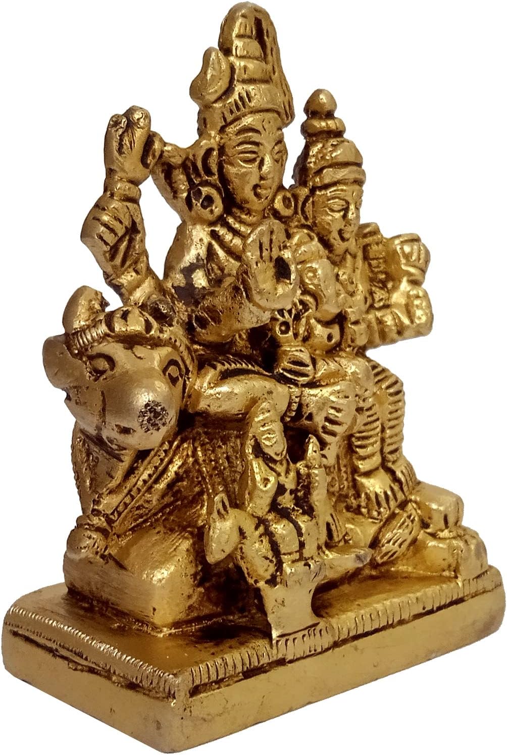 Purpledip Brass Idol Shiva with Parvati, Ganesha, Karthikeya and Nandi: Vintage Statue for Home Temple (10382A)