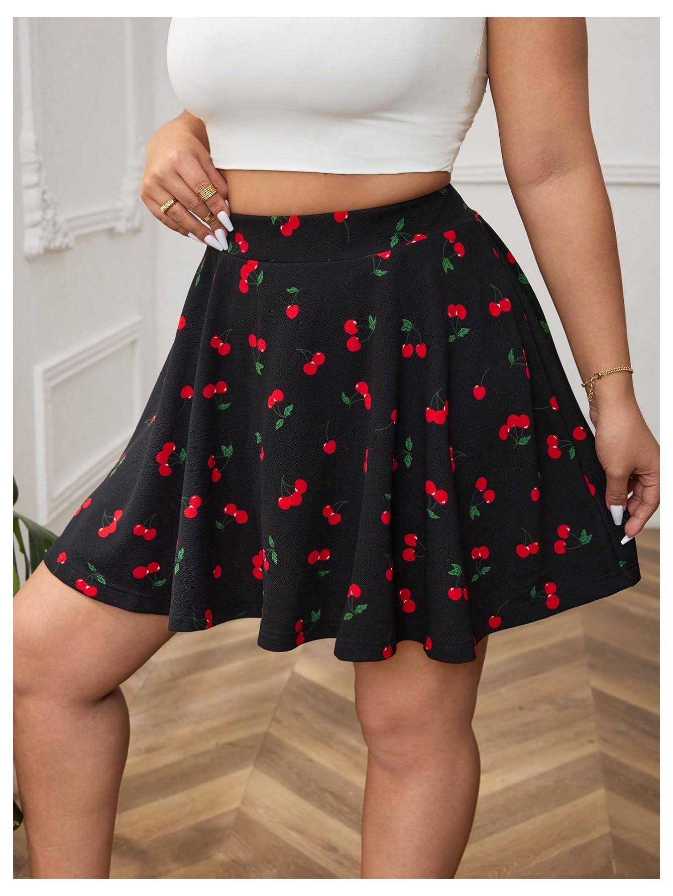 Floerns Falda pantalón corto con estampado de cerezas para mujer, talla grande, cintura alta, pierna ancha