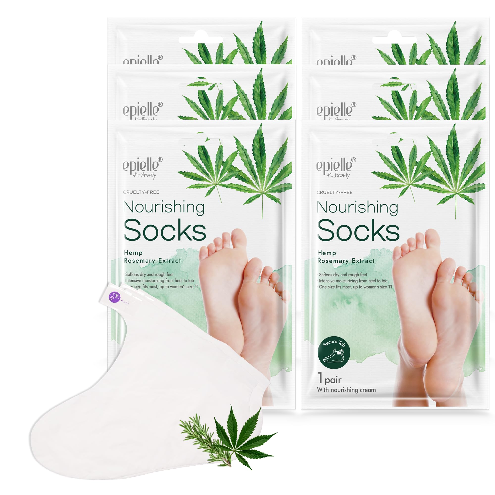 Epielle Nourishing Foot Mask 6 Pairs, Repair and Soften with Hemp & Rosemary Extract, Deep Moisturizing Socks for Dry, Cracked Feet, Self Care Gifts
