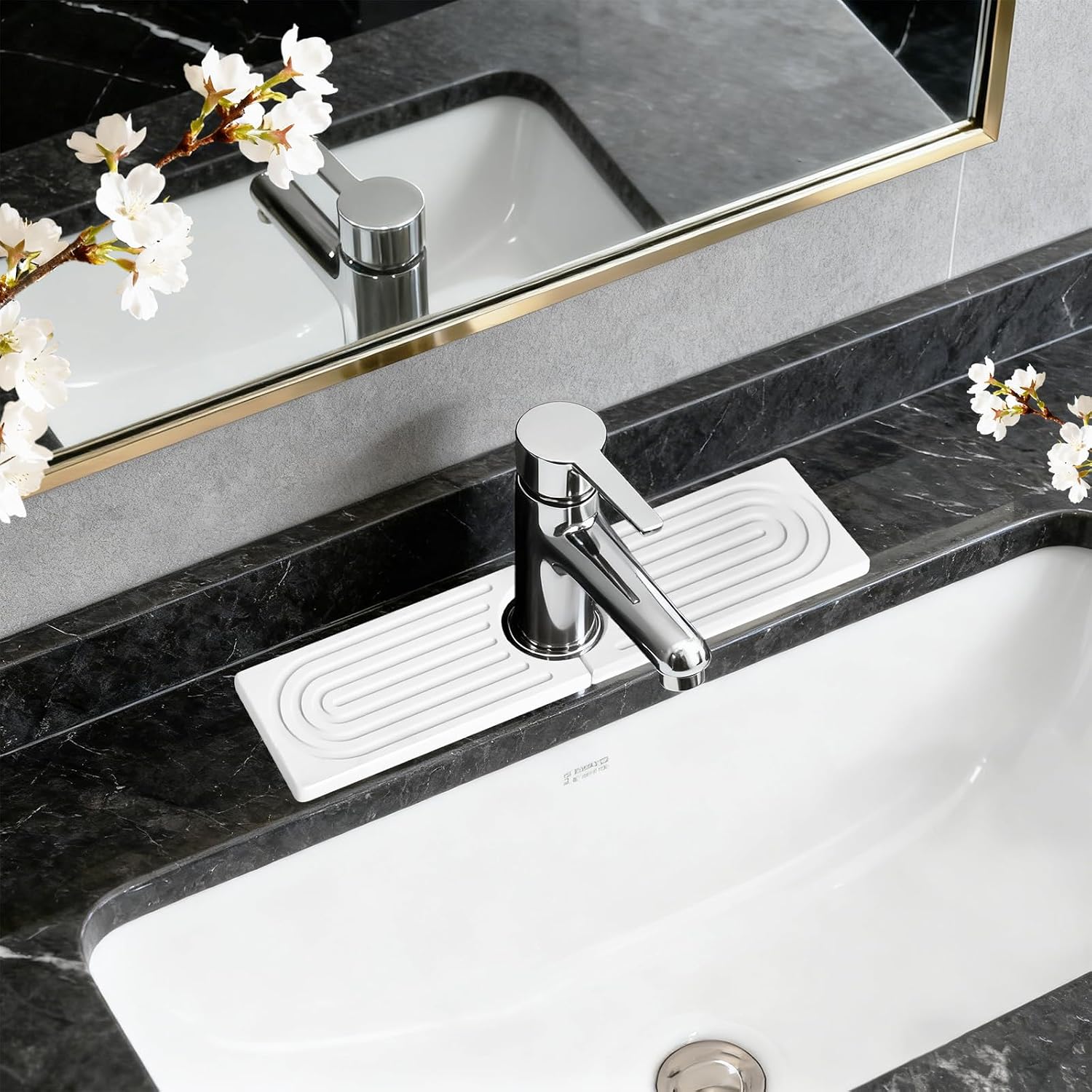Diatomite Stone Faucet Mat for Kitchen Sink Sink Stone Quick Dry Around Faucet Water Absorbent Non Slip Tray Prevents Moisture for Bathroom and Kitchen Countertops (White Style A02, 15.8" × 4")