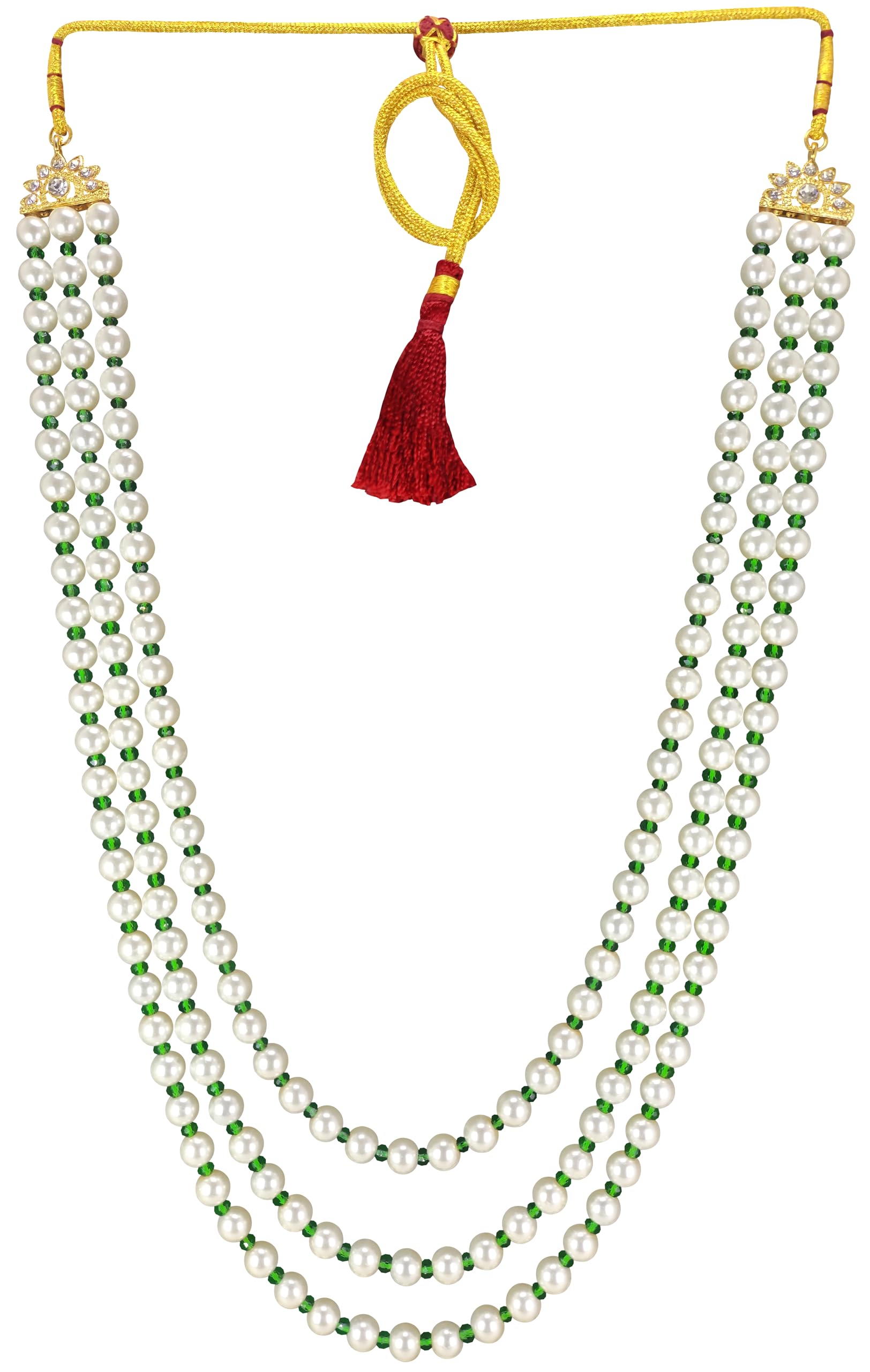 RAADHE CREATIONMoti Mala For Men Necklace groom Pearl Sherwani Traditional Gold Plated Three Layered Design for Marriage Indian Wedding (Dulhe ki mala)