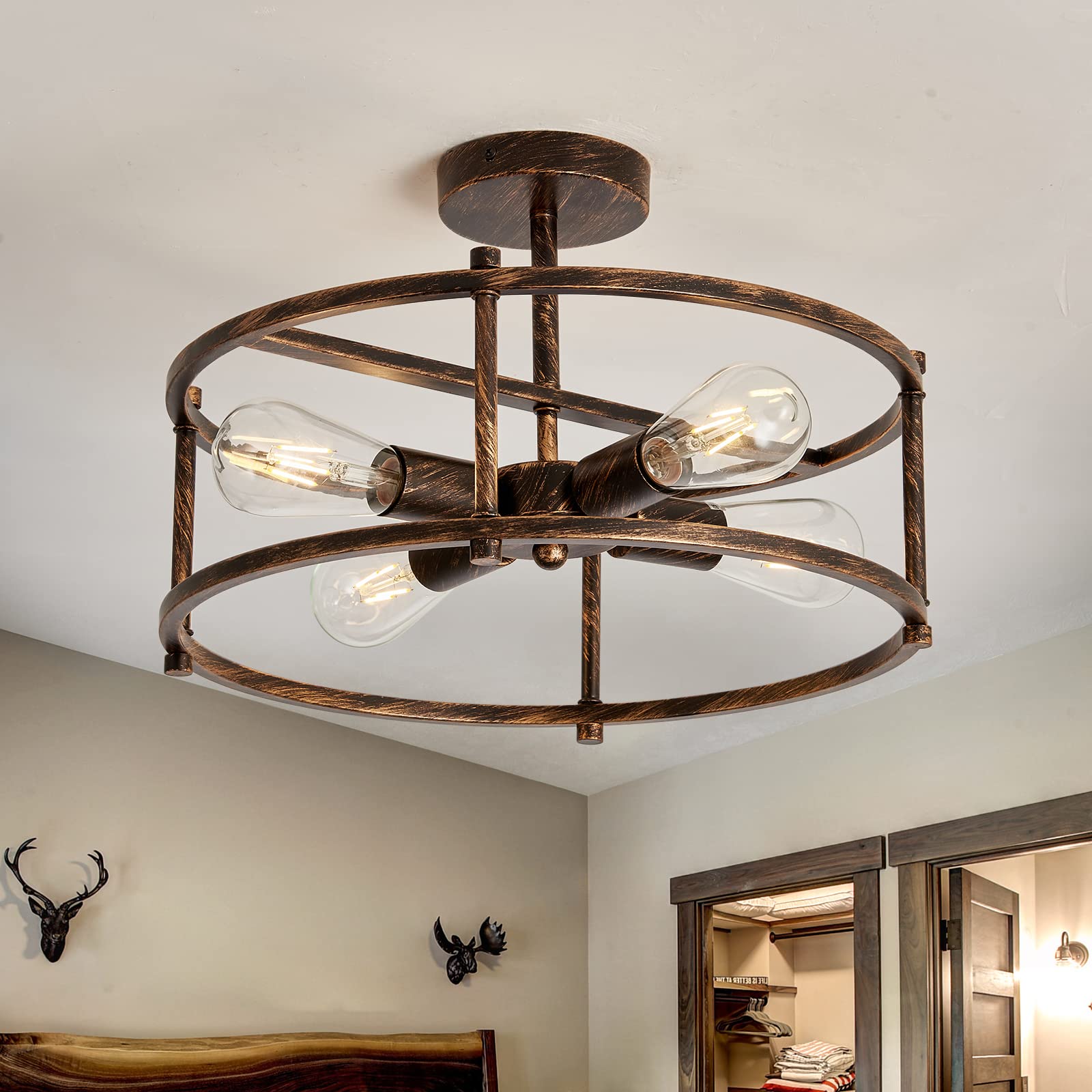 FGSADI 4 -Light Industrial Semi Flush Mount Ceiling Light,Oil Rubbed Bronze Metal Chandelier,Rustic Vintage Farmhouse E26 Ceiling Lamp for Dining Room Kitchen Entryway Hallway Bedroom Bathroom.
