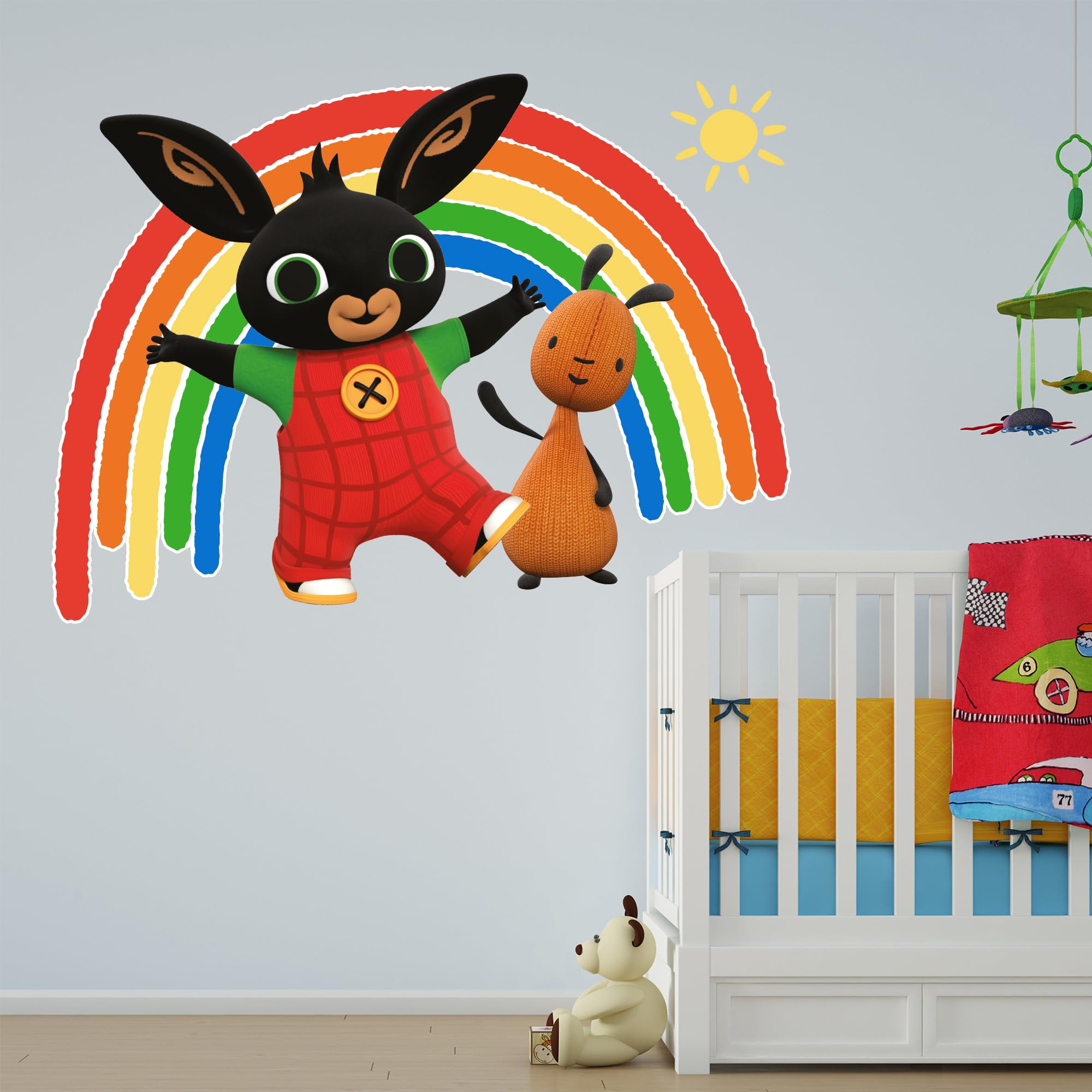 Themed Bing Wall Sticker - Bing Bunny And Flop With Rainbow And Sun Wall Decal Kids Art (120Cm Width X 90Cm Height)