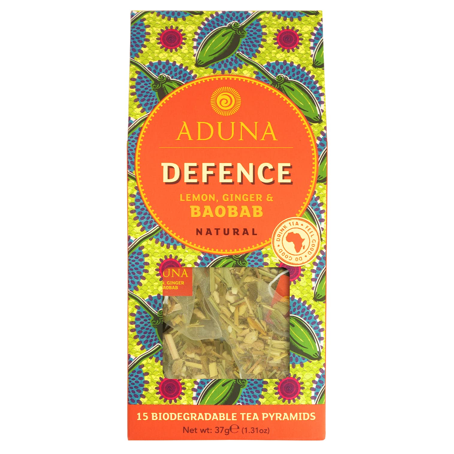 Defence Baobab Super Tea | Natural Caffeine-Free Herbal Infusion With Baobab, Ginger, & Lemon | Superfood Tea for Immunity & Digestive Support | 15 Biodegradable Pyramid Bags x 6 Packs