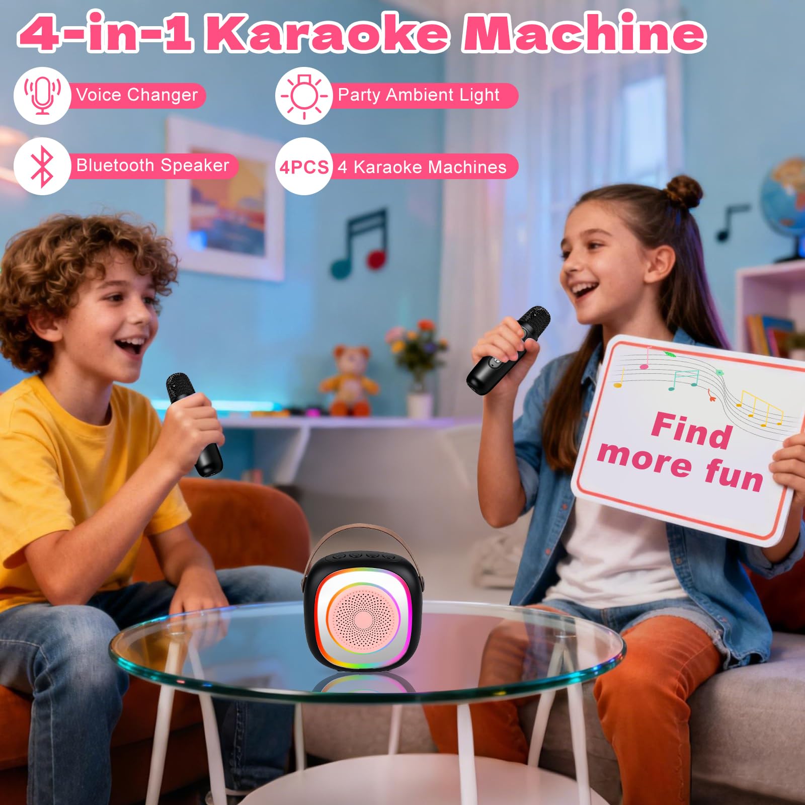 Karaoke Enfant avec 2 Microphones sans Fil, Micro Portables Karaoké, Jouet de Karaoké Bluetooth avec Voix Change et LED Lumière pour 3-12 Enfant Fille Cadeau Chanter Adulte (Noir)