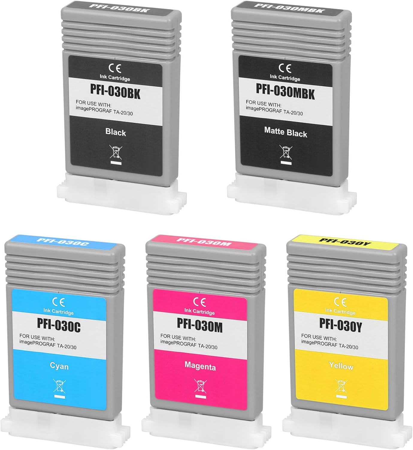 High Yield PFI 030 PFI-030 Ink Cartridge 5-Pack Replacement for Canon imagePROGRAF TA-20 TA-30 Printers with PFI-030MBK PFI-030BK PFI-030C PFI-030M PFI-030Y, Matte Black,Black,Cyan,Magenta,Yellow