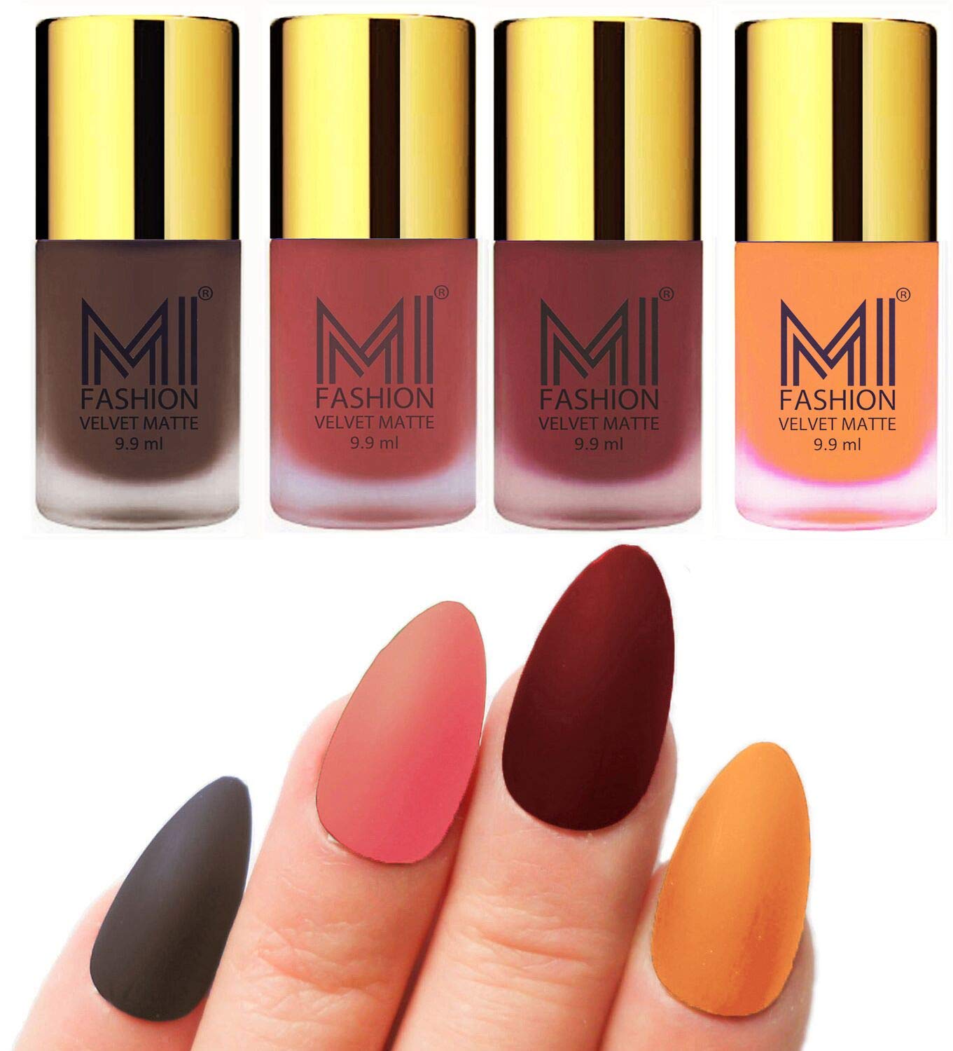 MI FASHION Velvet Matte Nail Polish Combo Pack Trendy And Stylish Colours 9.9ml Coffee, Light Peach, Maroon, Saffron Orange (Pack Of-4)-image-4