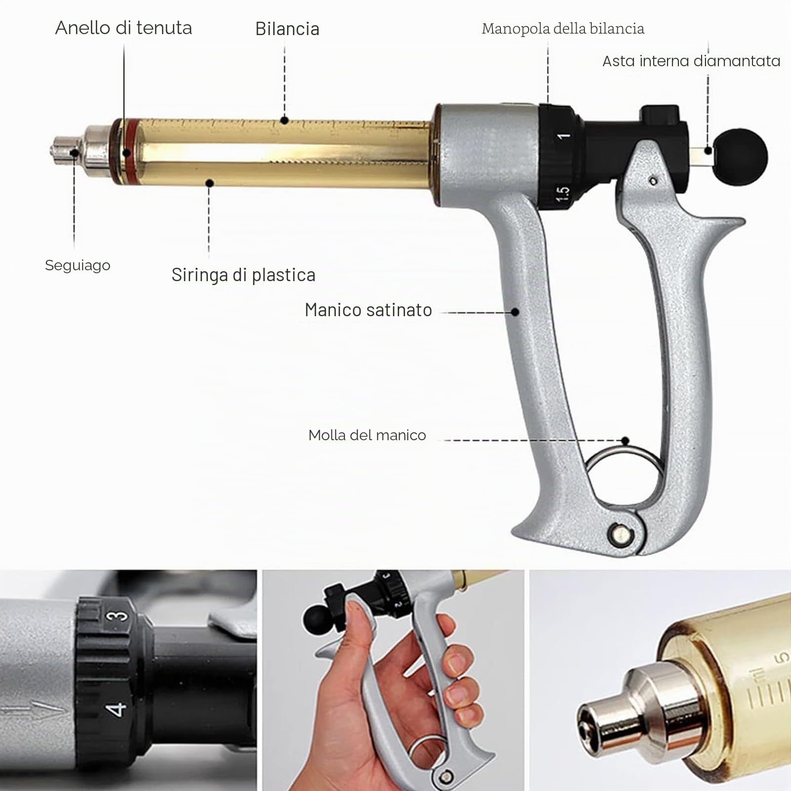 Siringa Veterinaria, Siringa Continua Regolabile Semiautomatica in Acciaio Inossidabile, Iniezione di Vaccino Veterinario per Bovini, Ovini, Suini, Capre(Size:50ML)