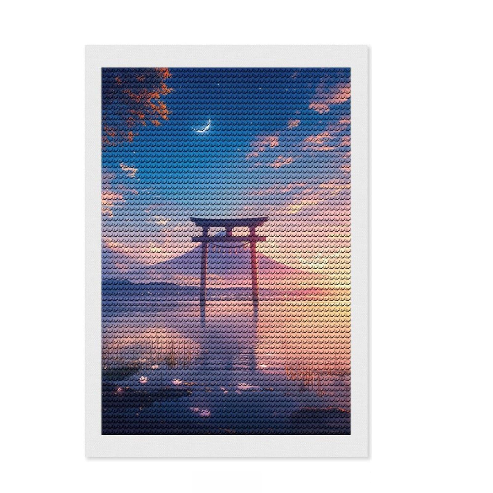 Junmoney Mount Fuji Torii Gate DIY Diamond Art Canvas Kit 8"x12", Bedroom Decor, for Craft Lovers, Full Kit Included, Thoughtful Handmade Gift