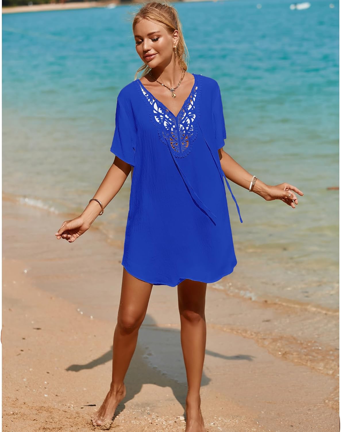 SimpleFun Womens Swimsuit Coverup Lace Crochet V Neck Bathing Suit Cover Up Dress Beach Cover Ups for Swimwear - Image 5