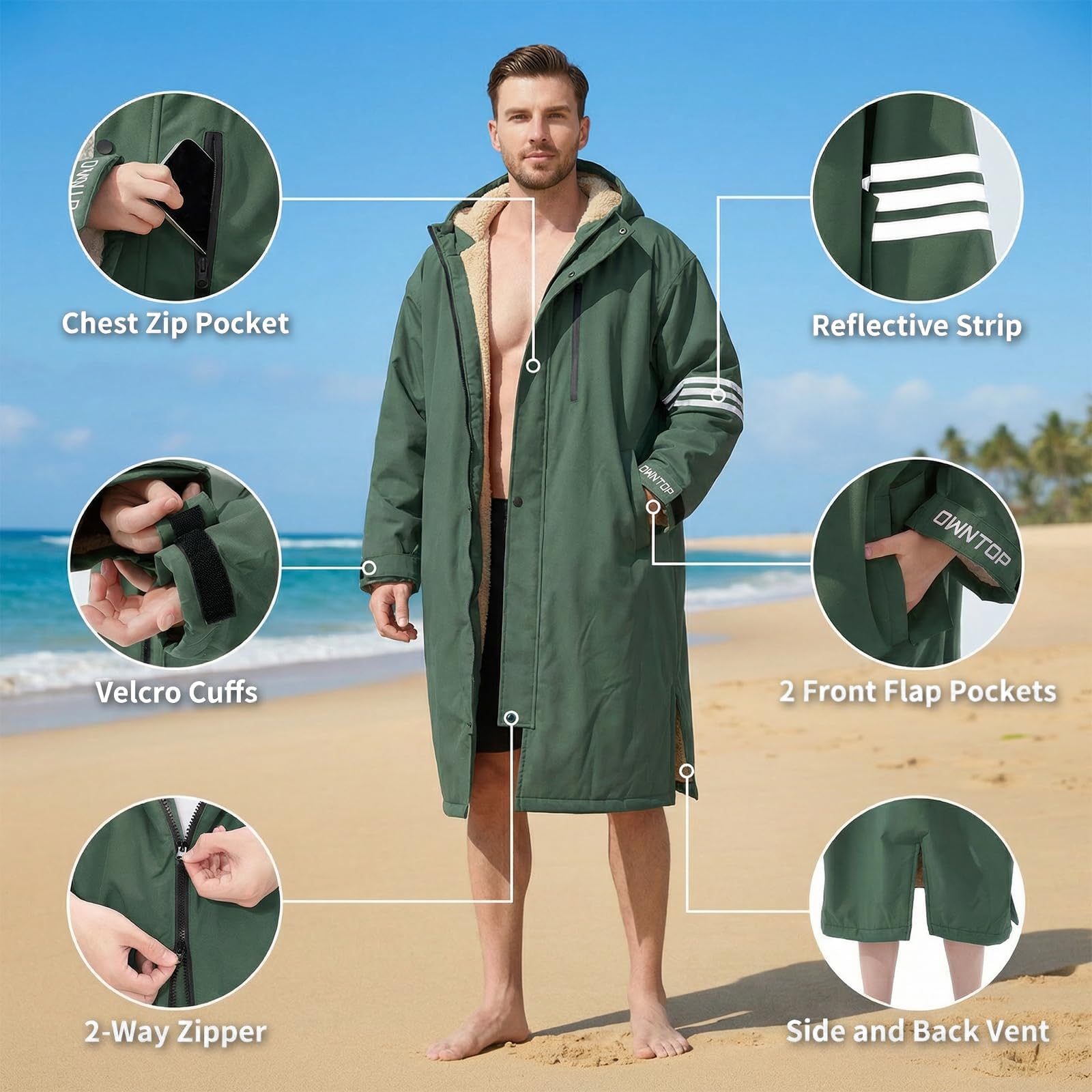 Owntop Bata Cambiadora Impermeable para Adultos y Niños - Parka de Natación de Manga Larga y Talla Grande con Forro Polar, de Secado Rápido y Abrigada | Ideal para Surf, Playa, Natación y Camping