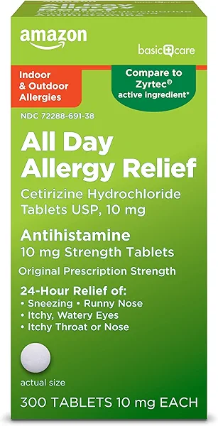 Amazon Basic Care 24 Hour Allergy Relief, Cetirizine Hydrochloride Tablets, 10 mg, 300 Count (Packaging may vary)