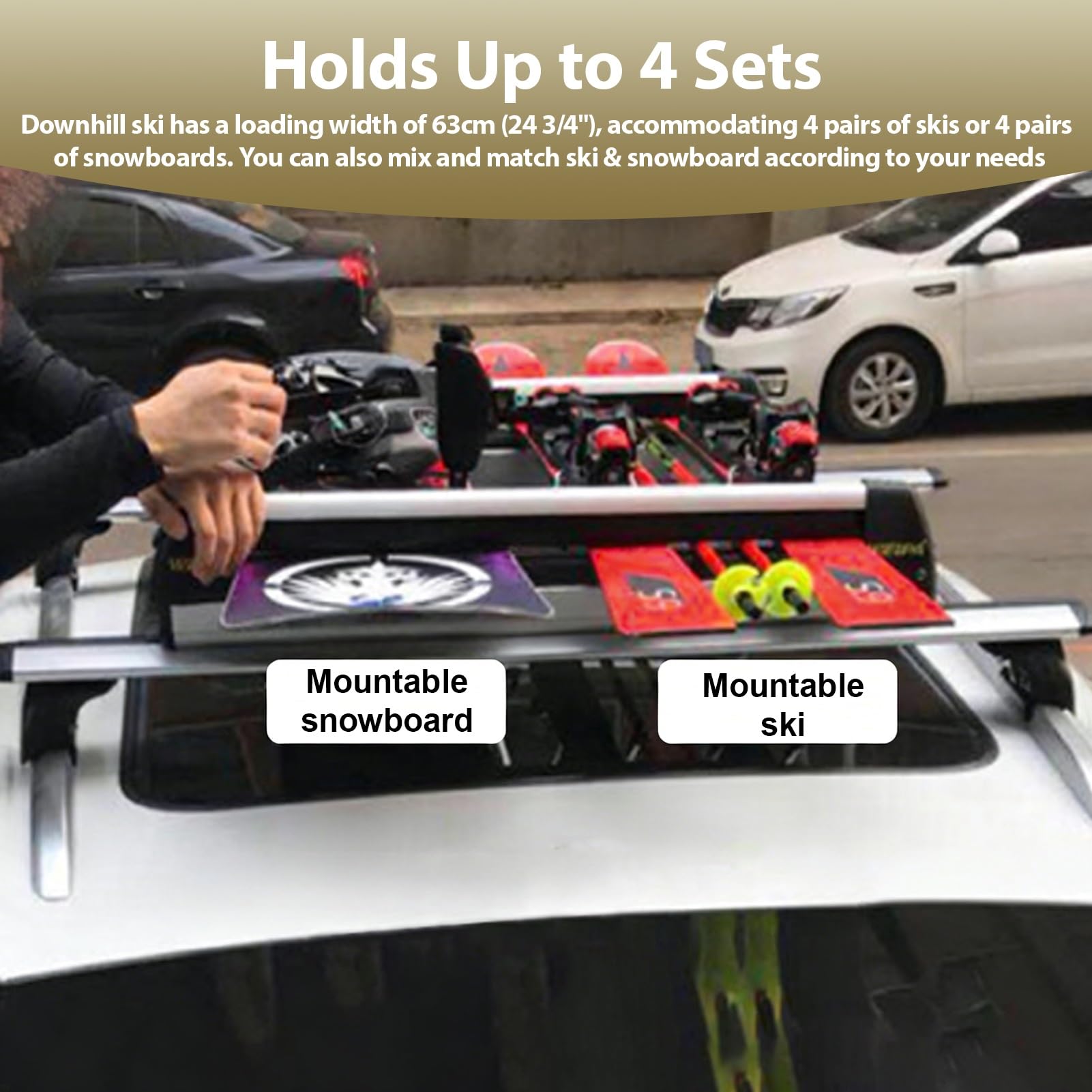 Portaesquis Portaesquís Telescópico sin Barras (2 Unidades) Almacenamiento Universal para Tablas de Snowboard, Surf y Esquís en El Techo, Porta Skis para Coche(Black)