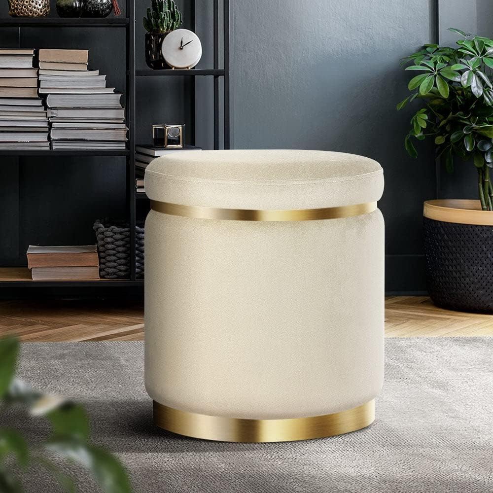 Elegant Round Velvet Ottoman Stool with Gold Metal Base: Contemporary Vanity Seat, Living Room Accent, and Upholstered Footrest Cream-image-10