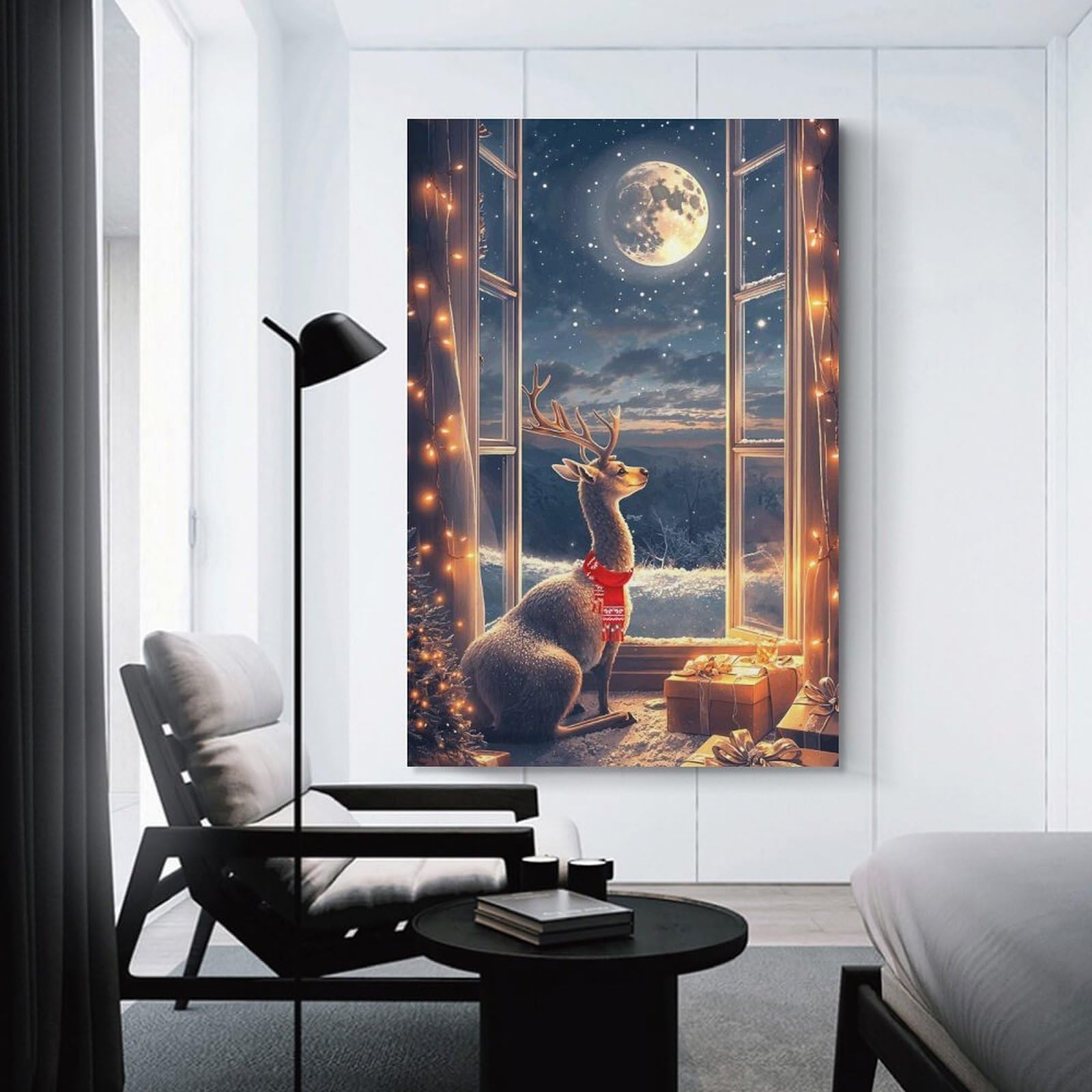 Junmoney Unframe-Style-18 Reindeer Chrismas Window Wall Picture Print 20X30inch(50X75cm), For Lounge Decor, Offices Or Entryway Styling, A Flexible Wall Accent For Shared Spaces
