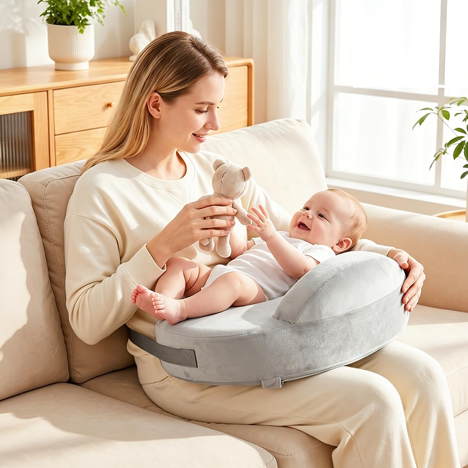 Cojín de Lactancia con Valla de Seguridad, Almohada de Lactancia en Memory Foam con Correa Ajustable y Funda de Algodón Removible, Cojin Diseño Ergonómico para Mamá, Bebé, Embarazo y Postparto