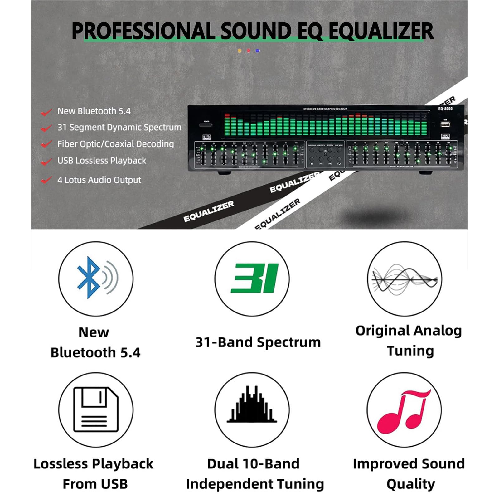 Equalizzatore Grafico Stereo a 31 Bande, 12 Pattern Ritmici, Bluetooth 5.4, con Riduzione del Rumore, per Palcoscenici, Concerti E Studi di Registrazione