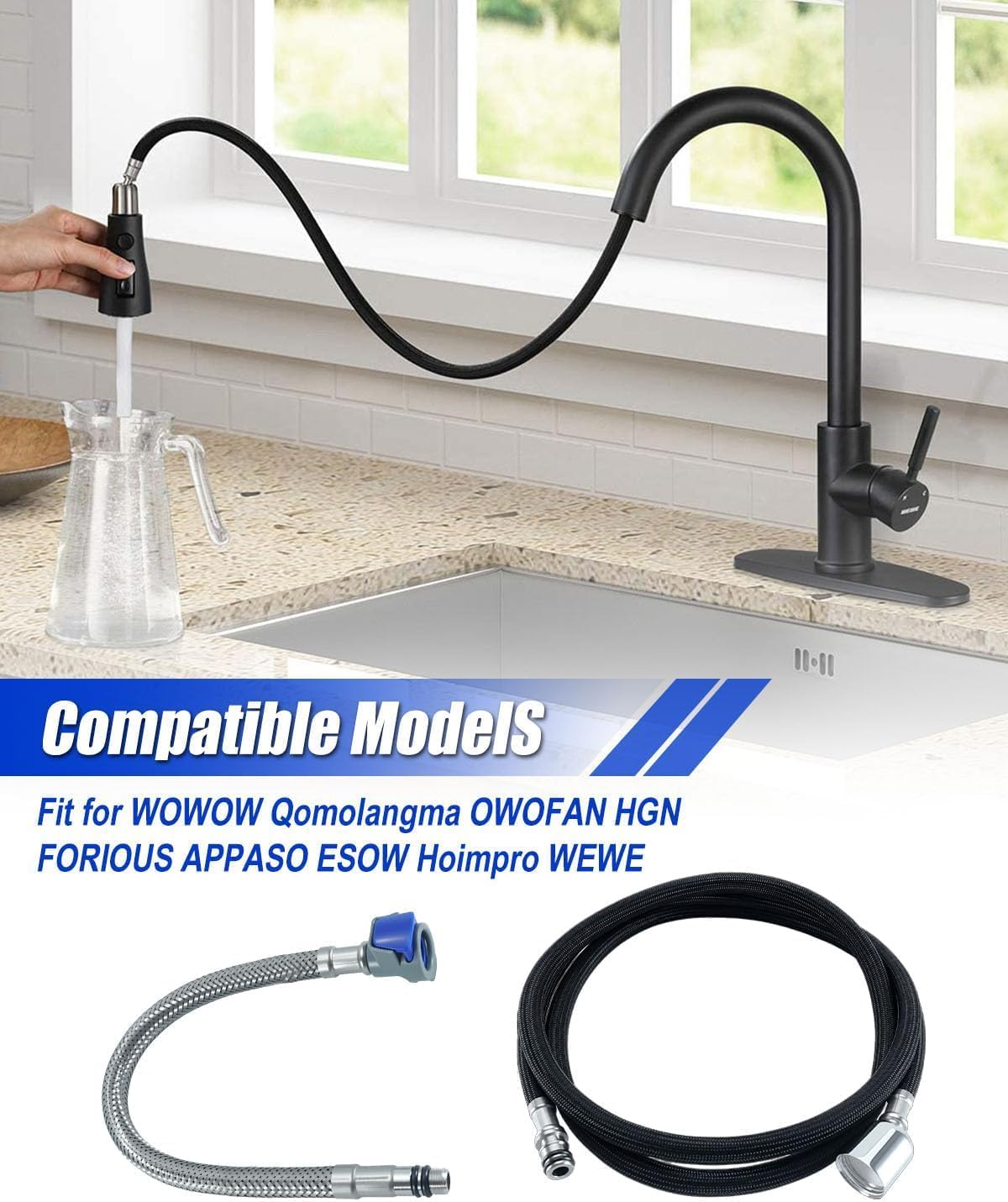 59 Inch Pull Down Kitchen Faucet Hose Fit for WEWE WOWOW FORIOUS APPASO | Nylon Hose with M15*1MM x G1/2 Quick Connect, 360° Rotation, Fit for HGN ESOW OWOFAN Kitchen Faucets